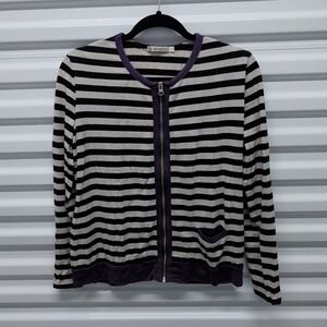 Bordado Full Zip Cardigan Sweater Size M Womens Black Beige Striped Pima Cotton